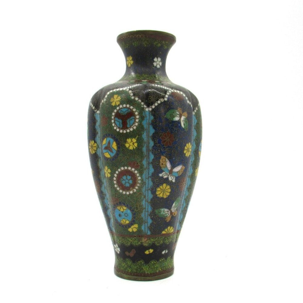 Japanese Cloisonné Vase Butterfly & Floral Lobed Motif Enamel Brass 7.5"
